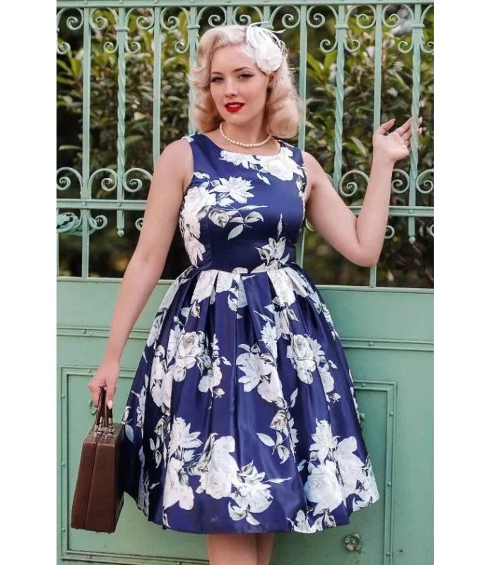VESTIDO RETRO AZUL MARINO ROSAS BLANCAS ANNIE DOLLY AND DOTTY S90576