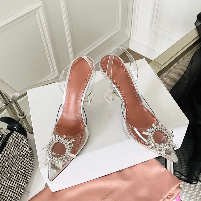 Zapatos de vestir de diseñador de tacón de estilo europeo Botón decorativo de cristal de girasol Sandalias para mujer dedos en p