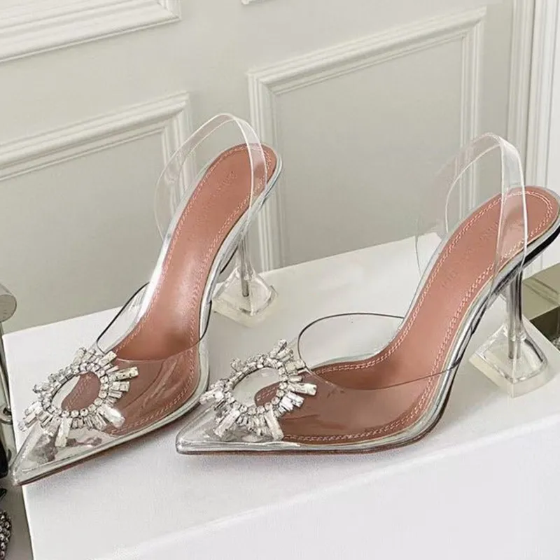 Zapatos de vestir de diseñador de tacón de estilo europeo Botón decorativo de cristal de girasol Sandalias para mujer dedos en p