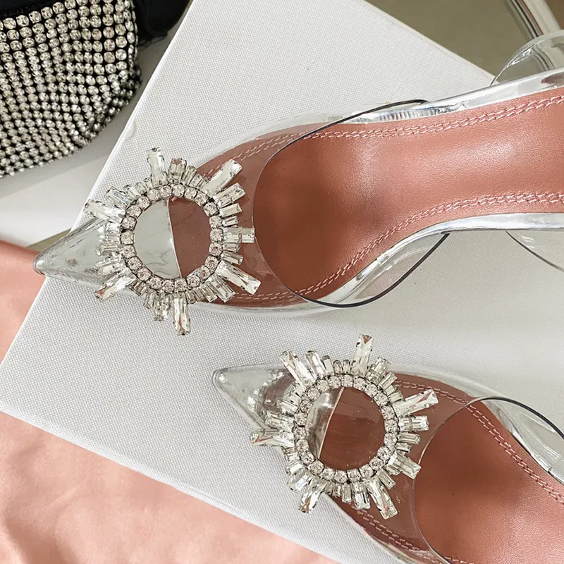 Zapatos de vestir de diseñador de tacón de estilo europeo Botón decorativo de cristal de girasol Sandalias para mujer dedos en p