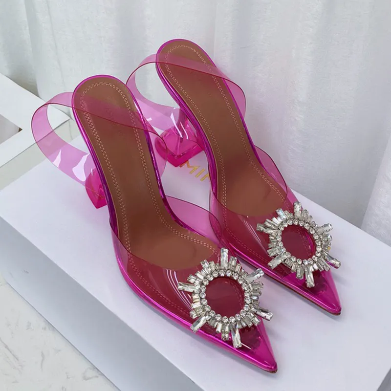 Zapatos de vestir de diseñador de tacón de estilo europeo Botón decorativo de cristal de girasol Sandalias para mujer dedos en p